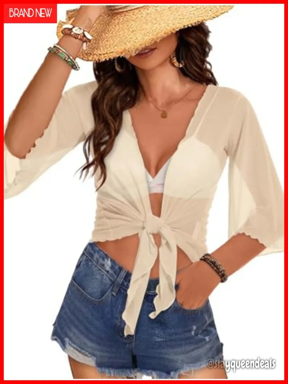 Women's Sheer Mesh Bolero Shrug Tie Front 3/4 Sleeve Cardigan Jacket